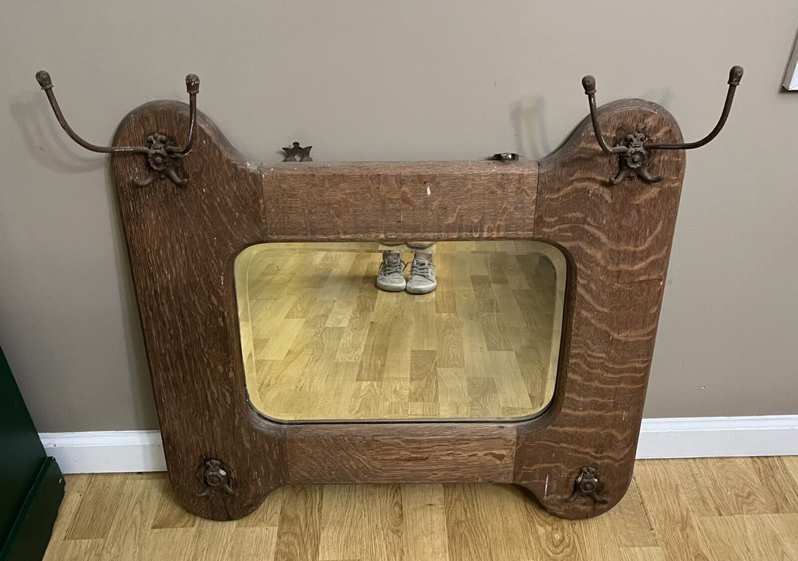 1900s Antique Oak Framed Hall Mirror with Hat Hooks