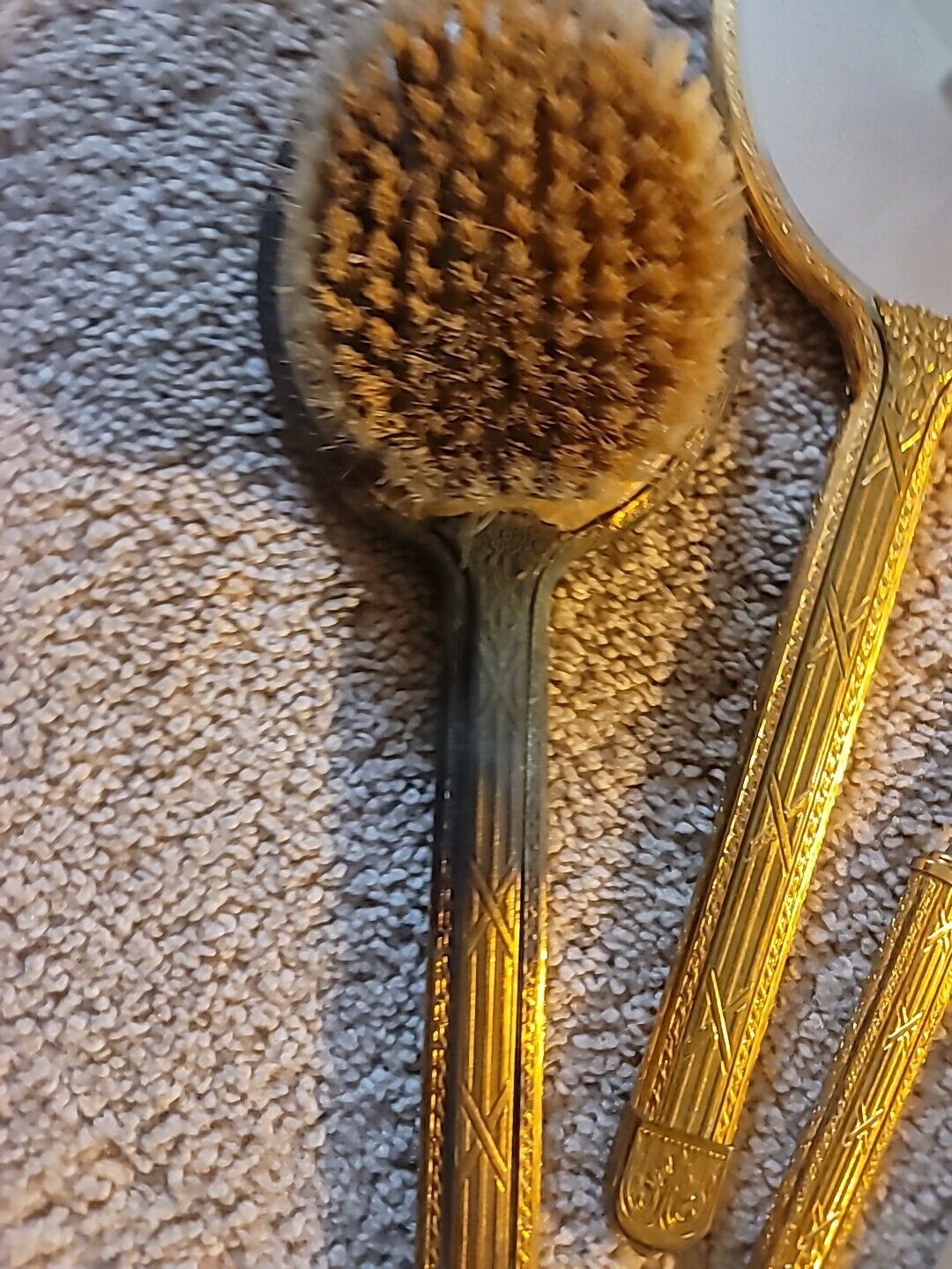 1900s Goldtone Brass Vanity Set: Mirror, Hairbrush, Nail File