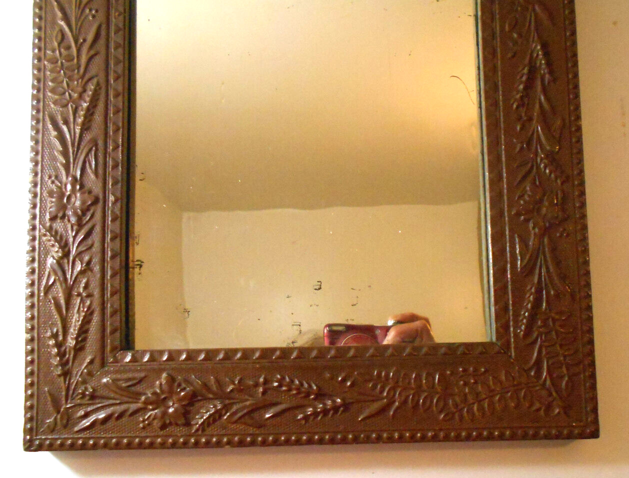 1800s Antique Mirror with Fern Floral Gesso Frame