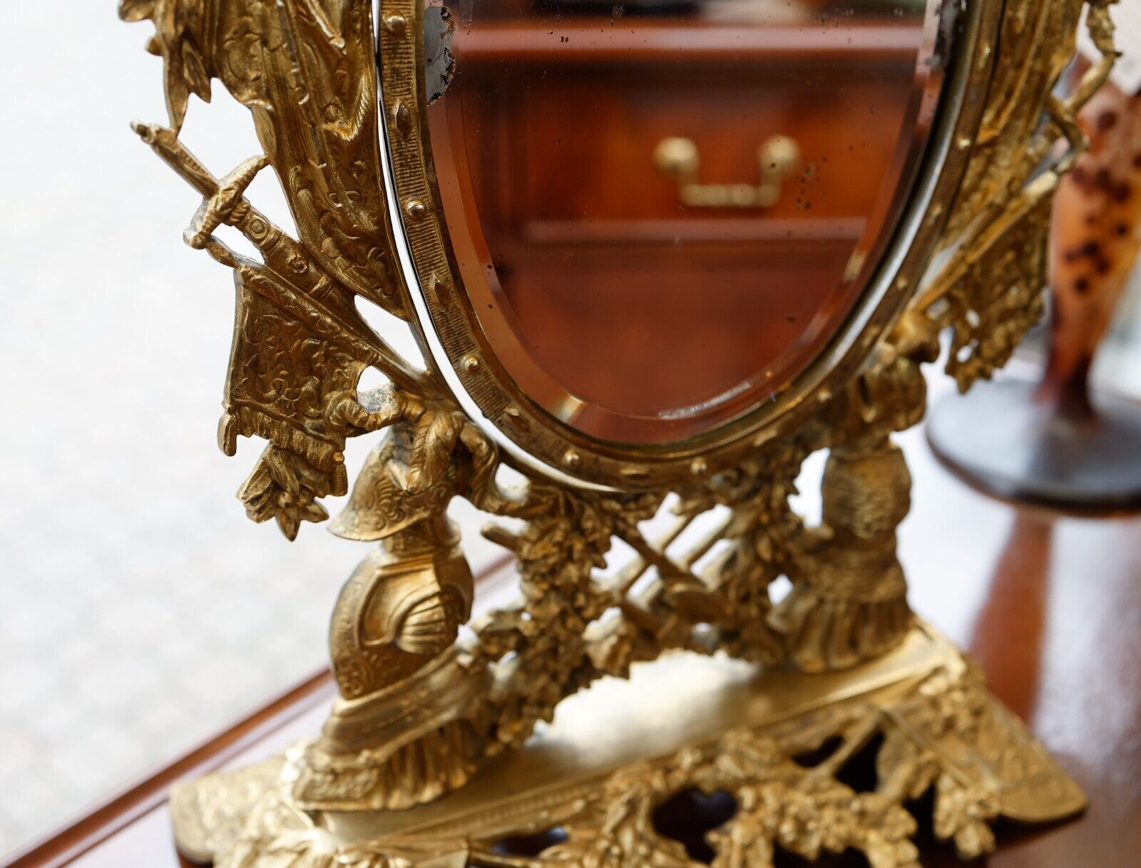 1800s Signed Ornate Tilted Vanity Mirror on Stand