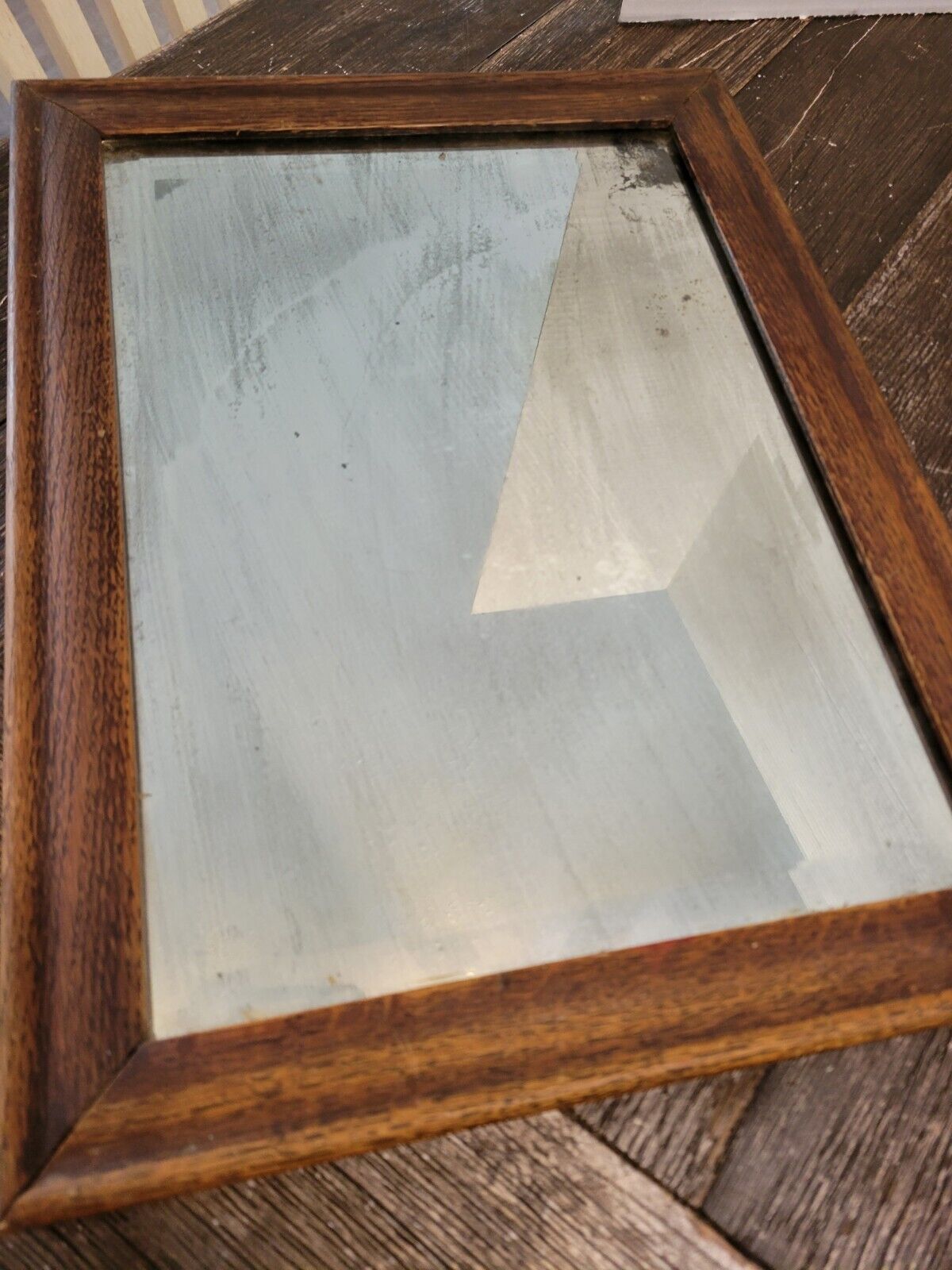 1900's Original Solid Antique Oak Wooden Beveled Mirror