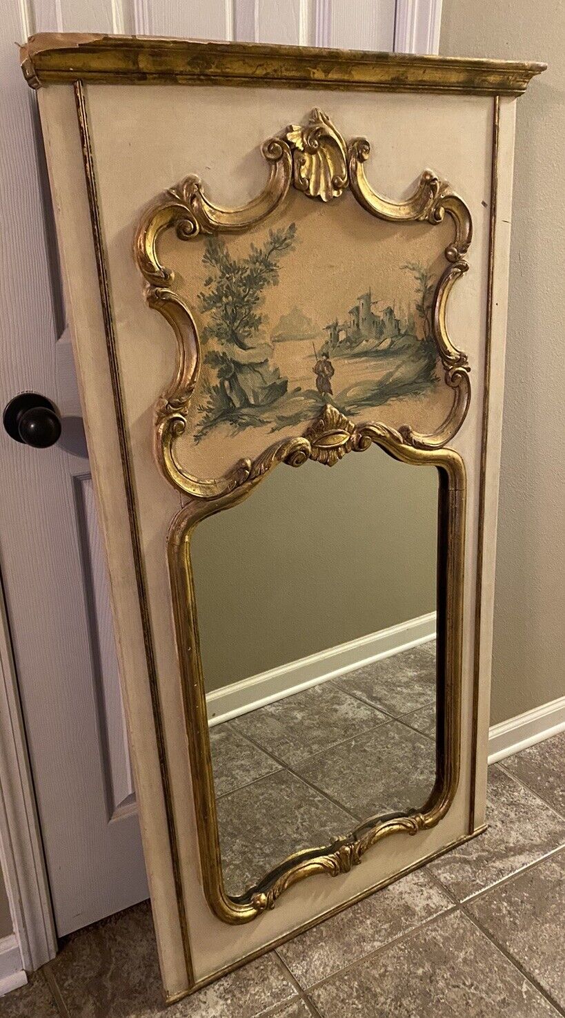 French Painted Trumeau Wall Fireplace Mirror Hand-Painted Gilt