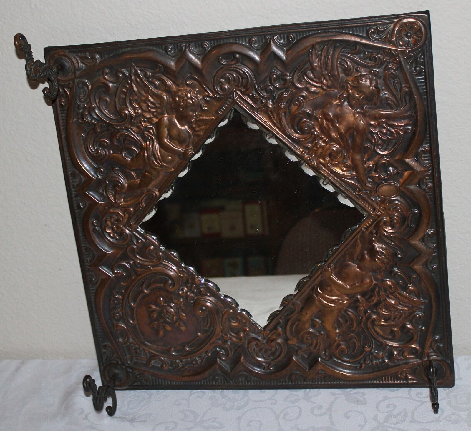 1800's Victorian Angels Cherub Relief Copper Metal Mirror