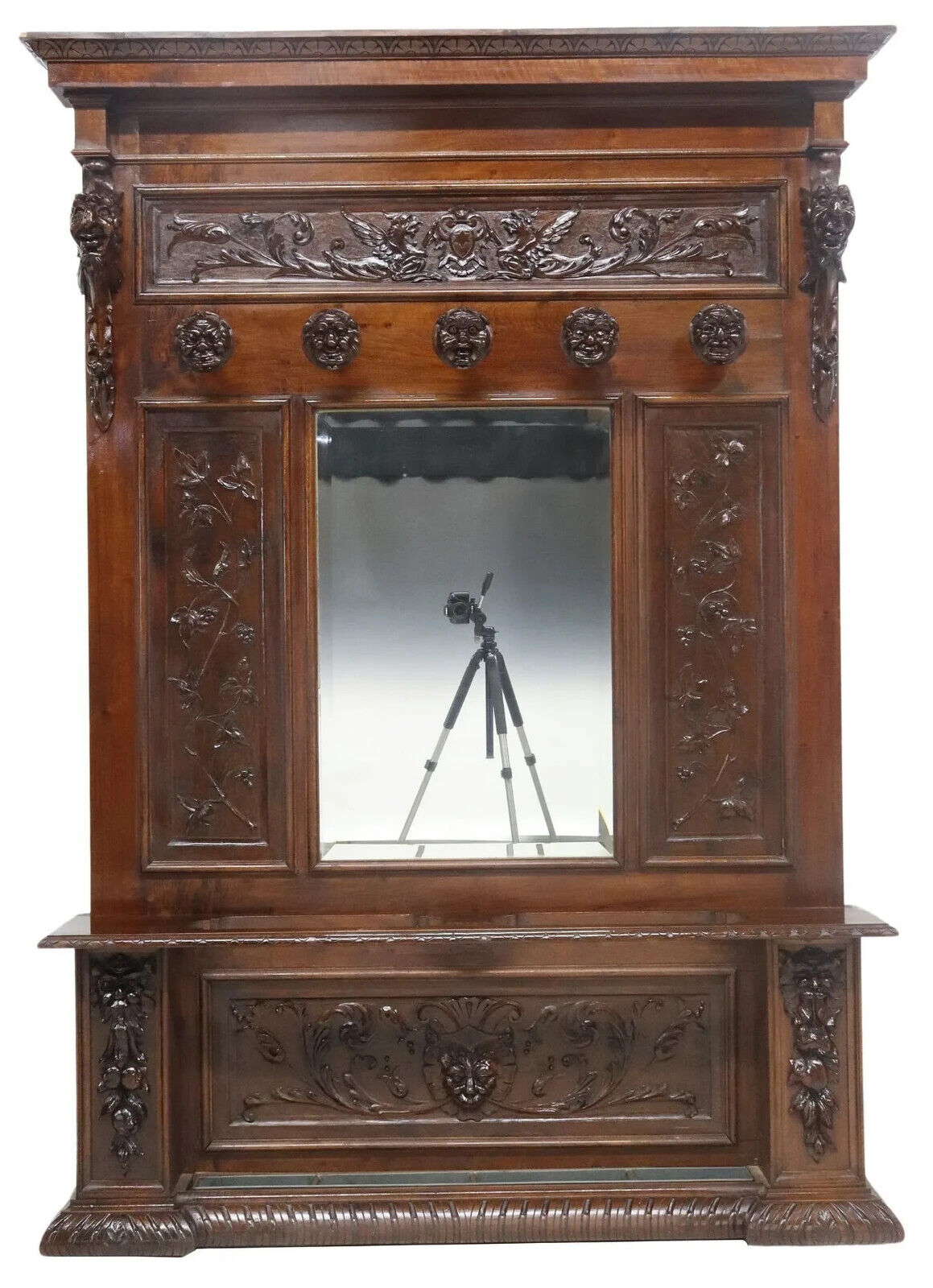 Italian Renaissance Revival Mirrored Walnut Hall Tree 1800s