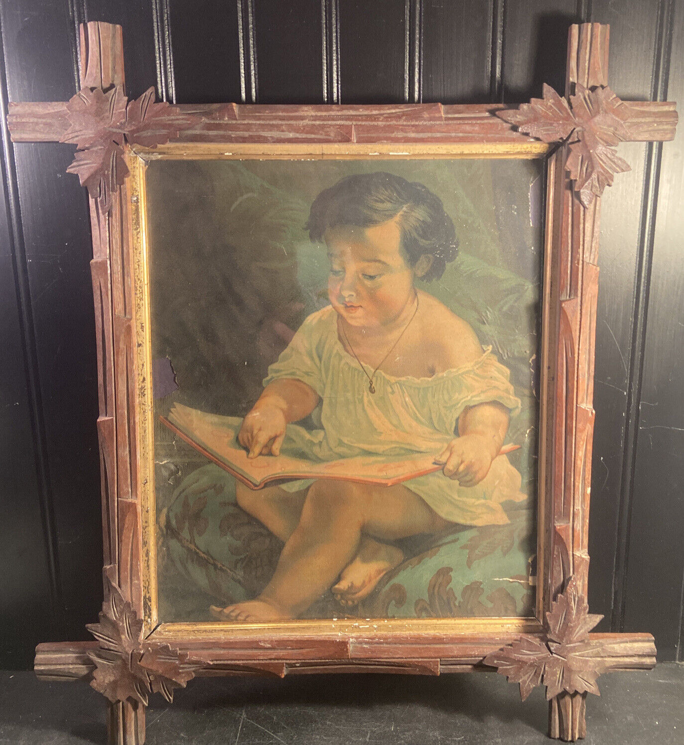 1800's Antique Print in Black Forest Wood Frame