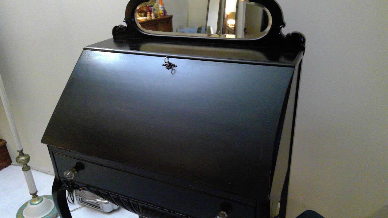 1900's Queen Ann Slant Front Mirrored Writing Desk