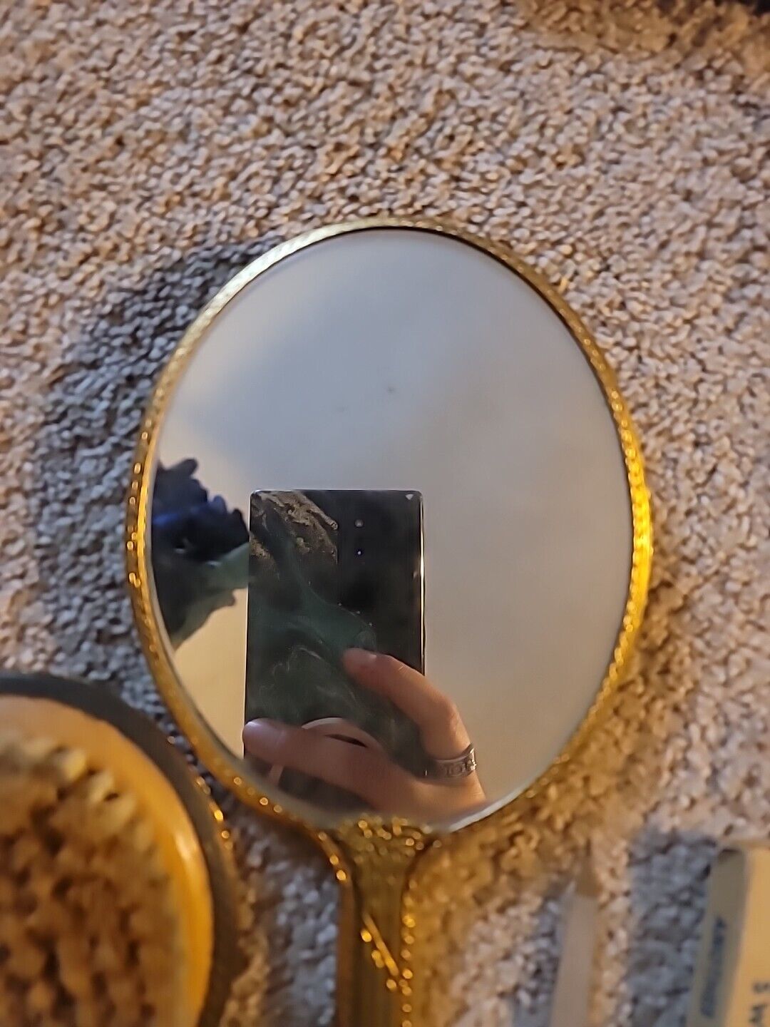 1900s Goldtone Brass Vanity Set: Mirror, Hairbrush, Nail File