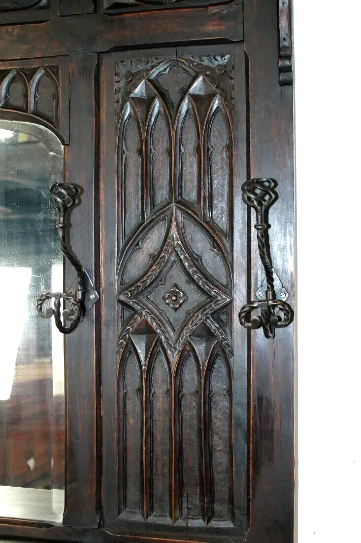 French Gothic Revival Oak Carved Hall Tree Mirror