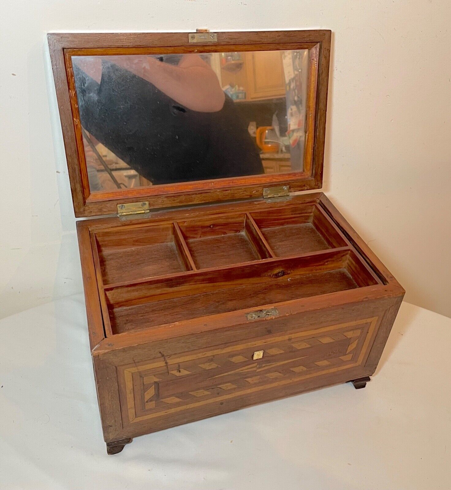 1800's antique marquetry wood jewelry box with mirror
