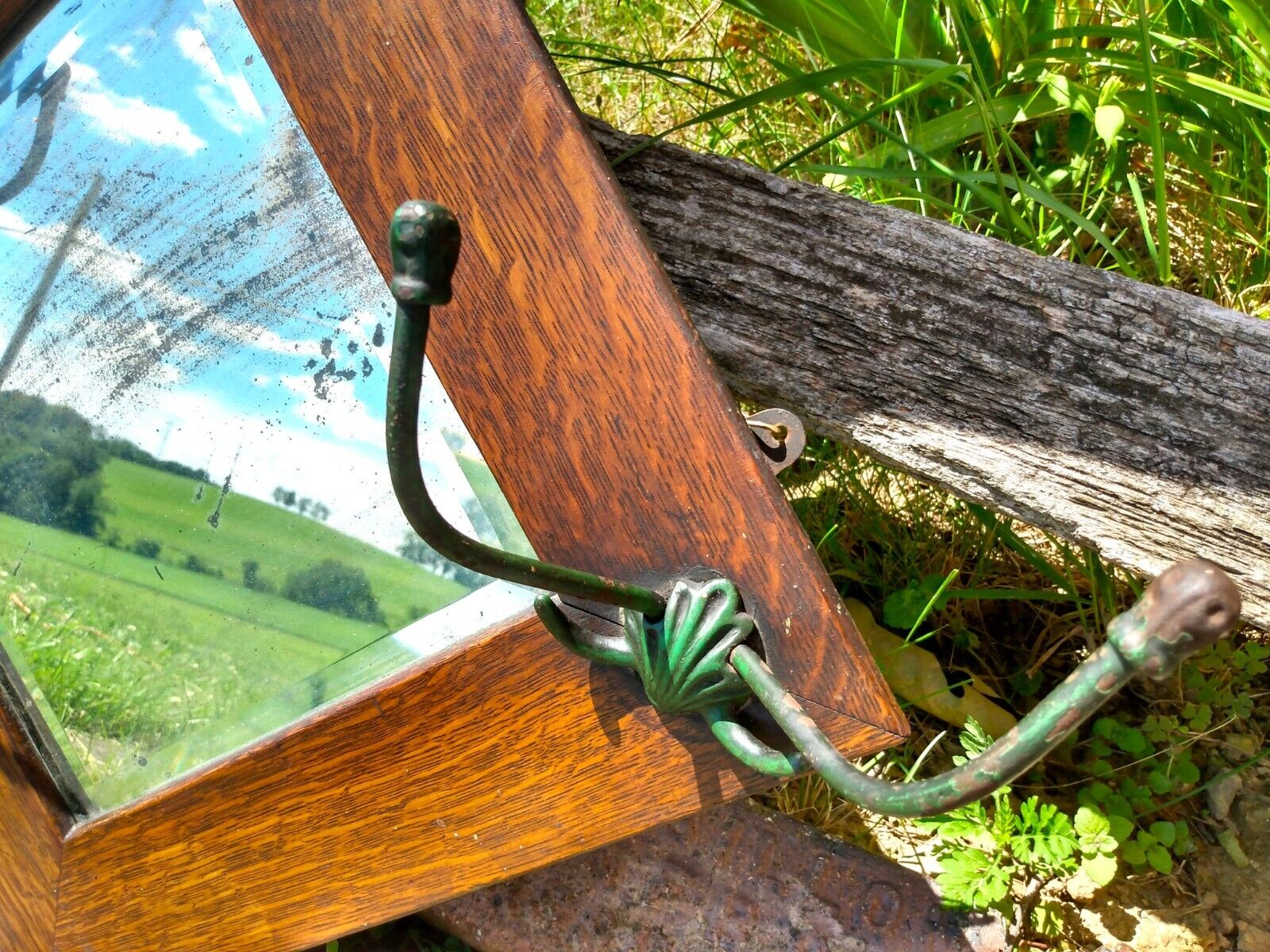 1900s Antique Oak Wall Mirror with Hat Rack