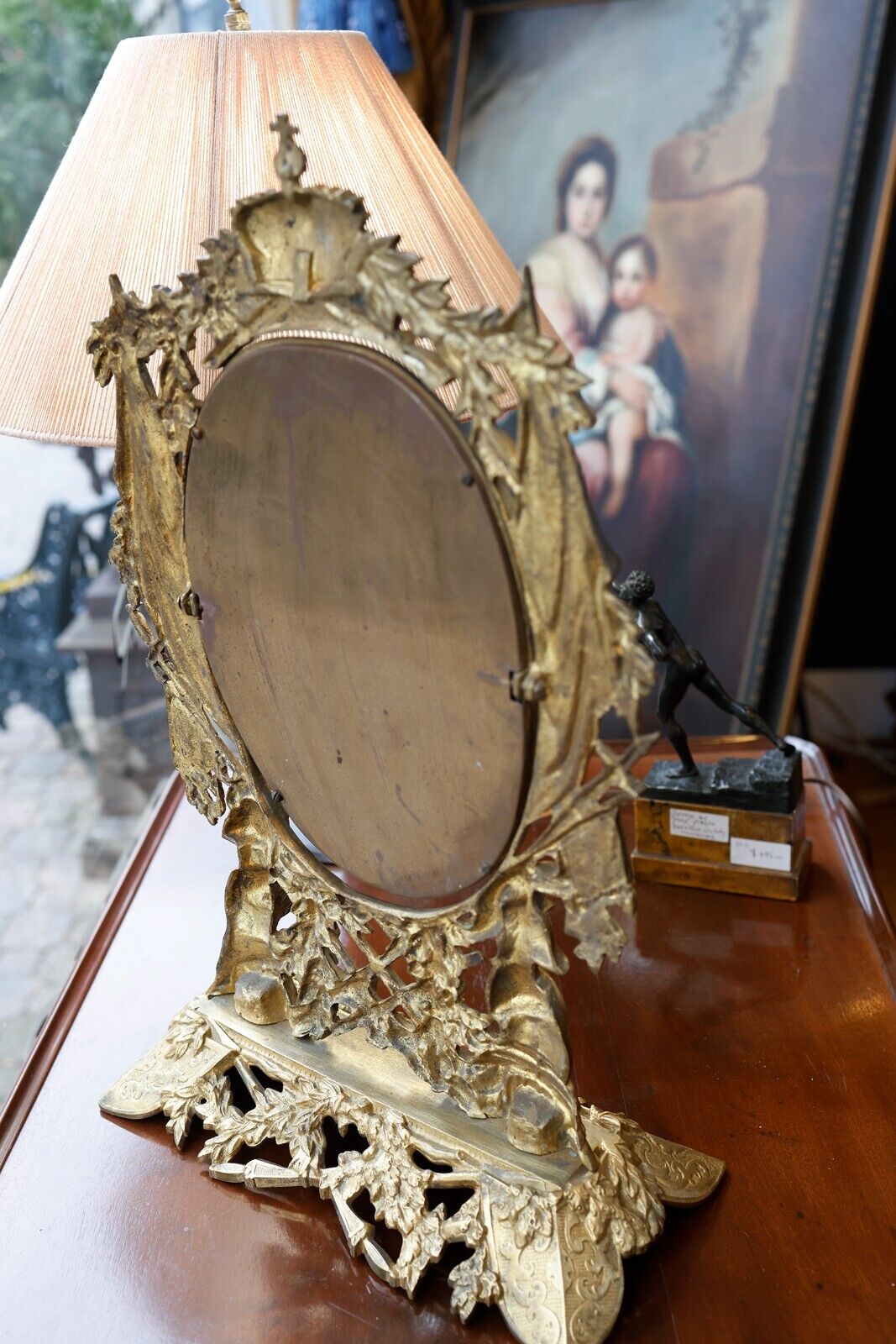 1800s Signed Ornate Tilted Vanity Mirror on Stand