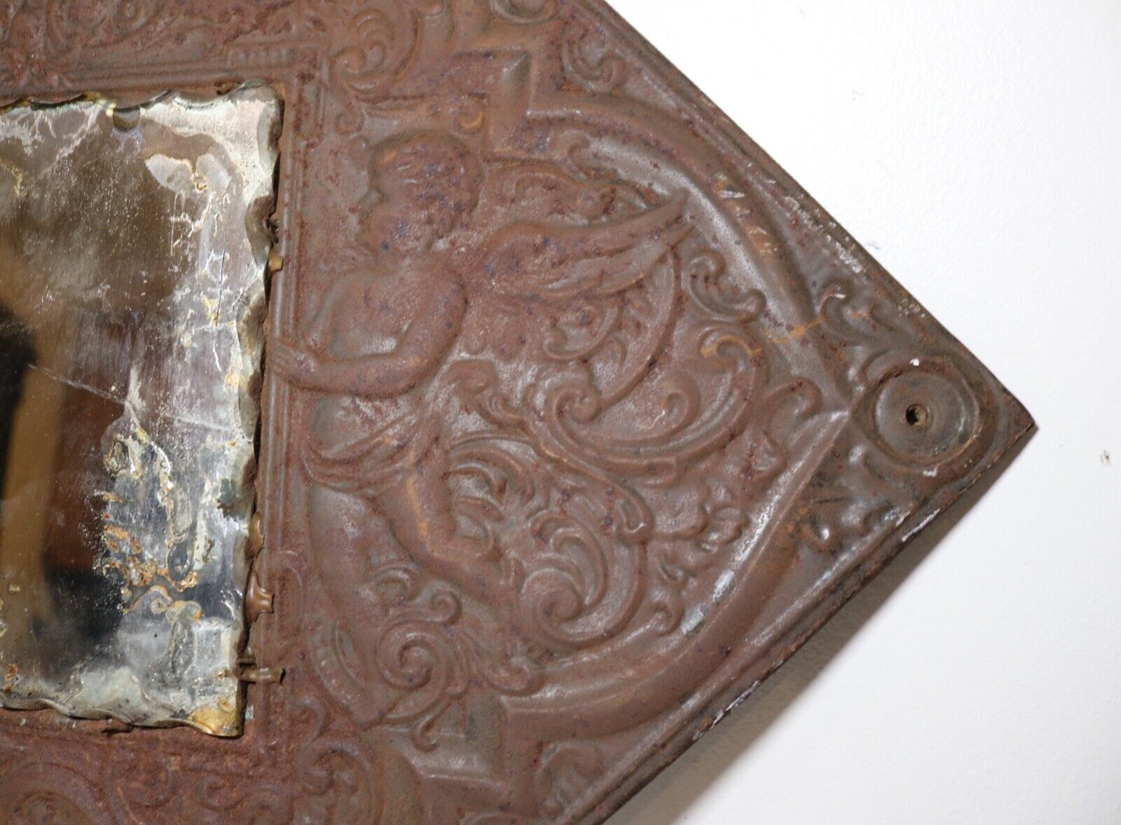 1800's ornate figural angels relief square metal wall mirror