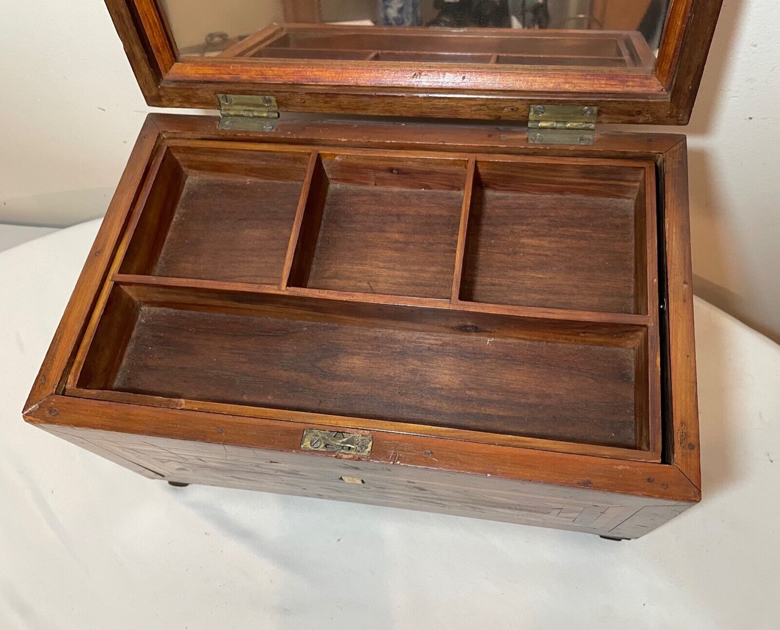 1800's antique marquetry wood jewelry box with mirror