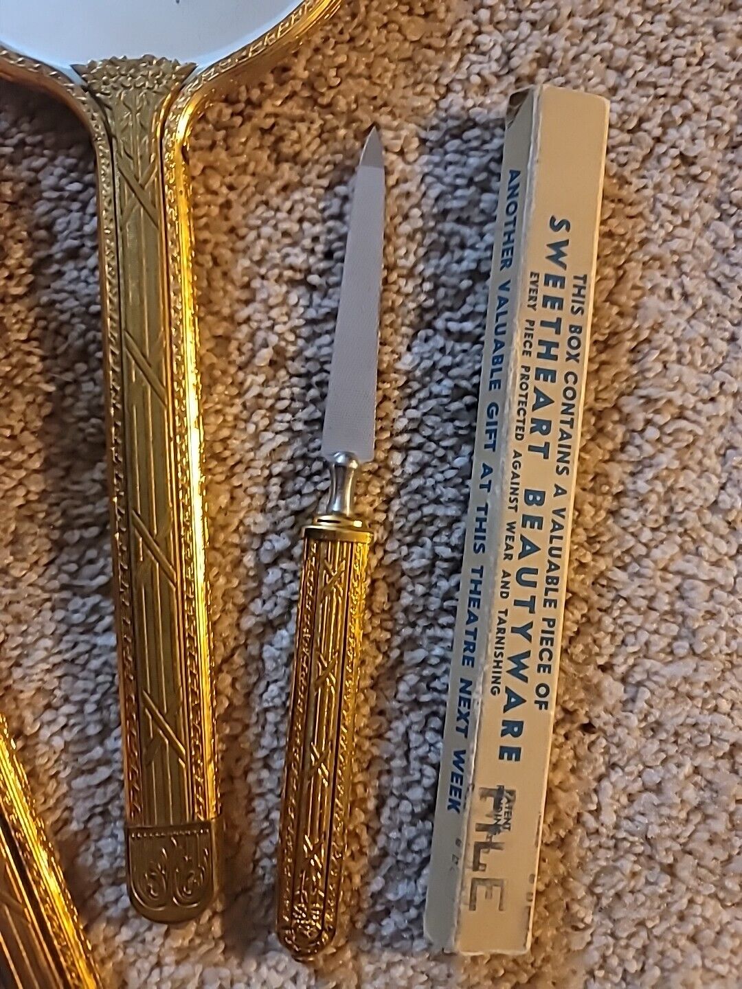 1900s Goldtone Brass Vanity Set: Mirror, Hairbrush, Nail File