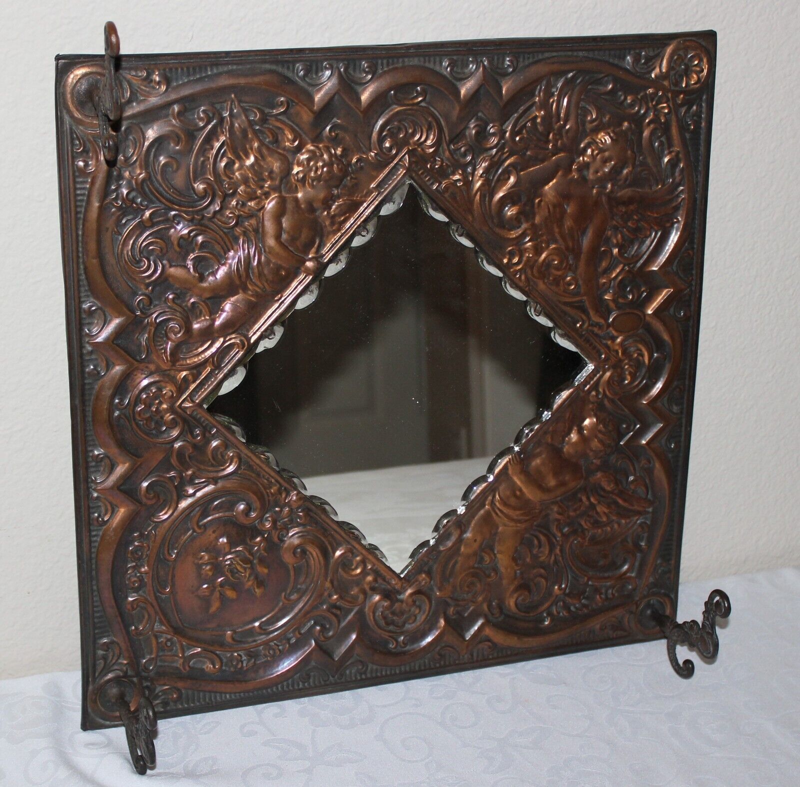 1800's Victorian Angels Cherub Relief Copper Metal Mirror