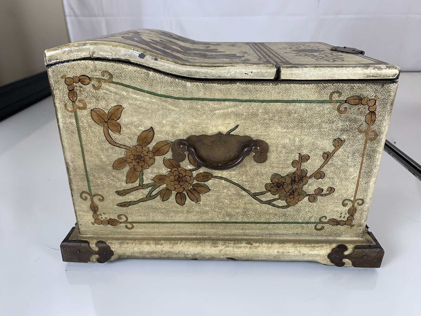 1800s Chinese Calendar Makeup Jewelry Box with Folding Mirror