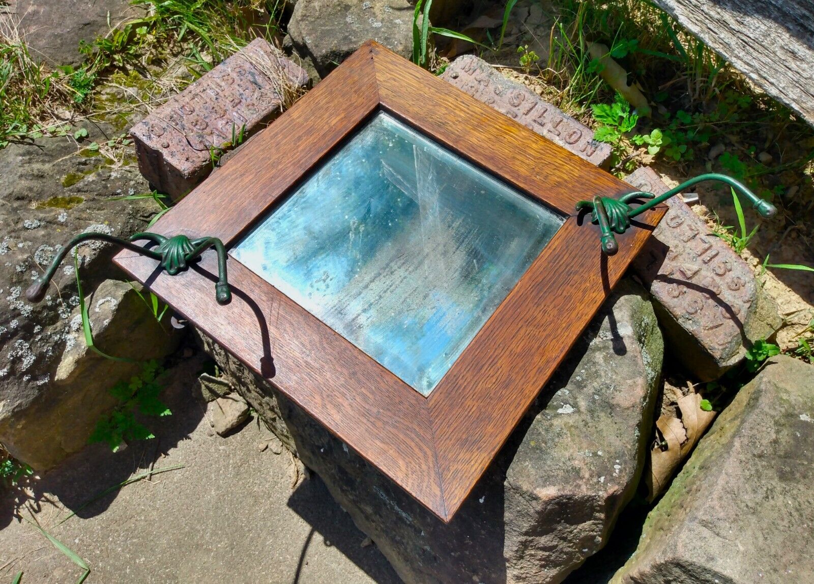 1900s Antique Oak Wall Mirror with Hat Rack