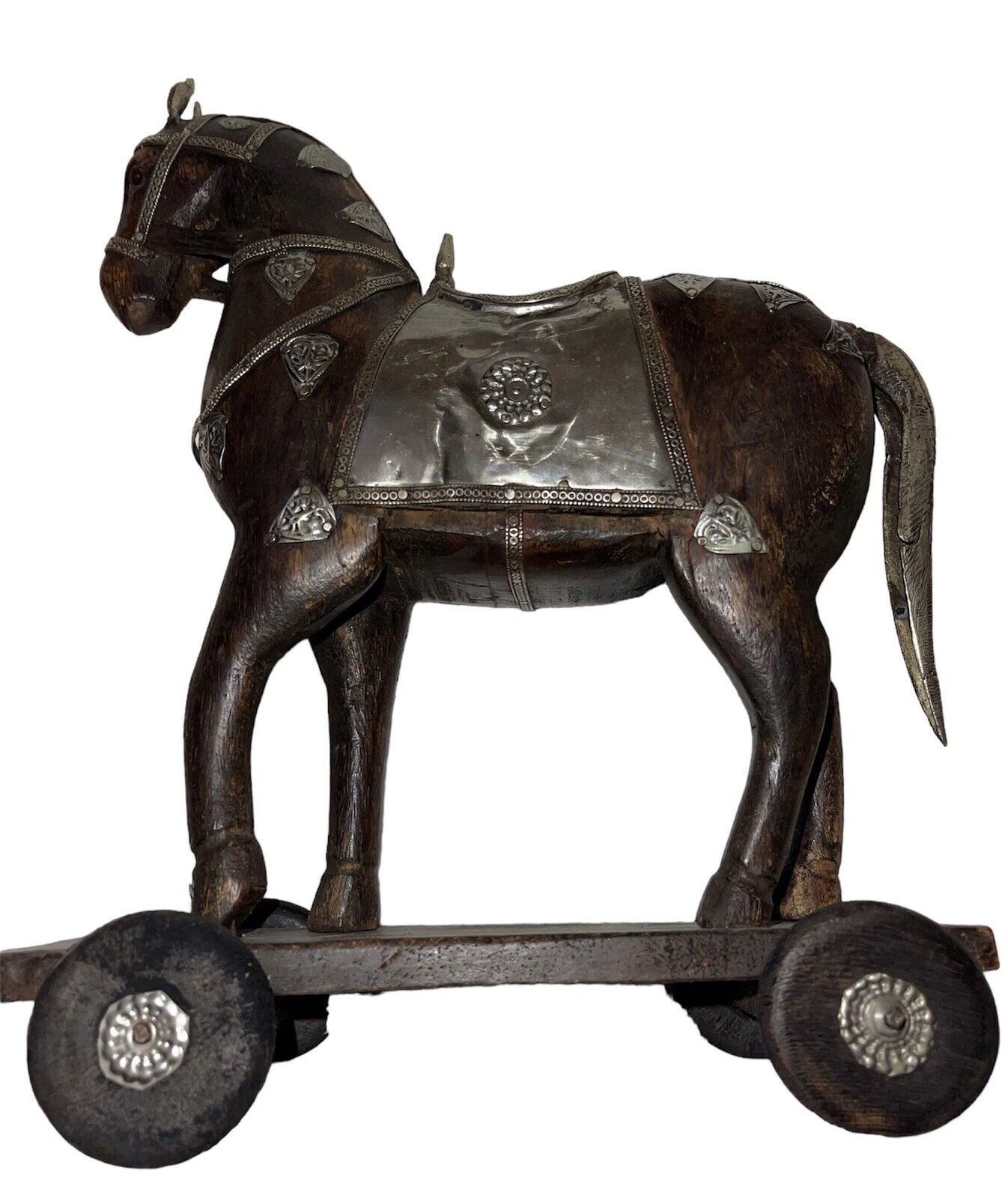 1900s Hand Carved Armored Horse with Silver and Brass