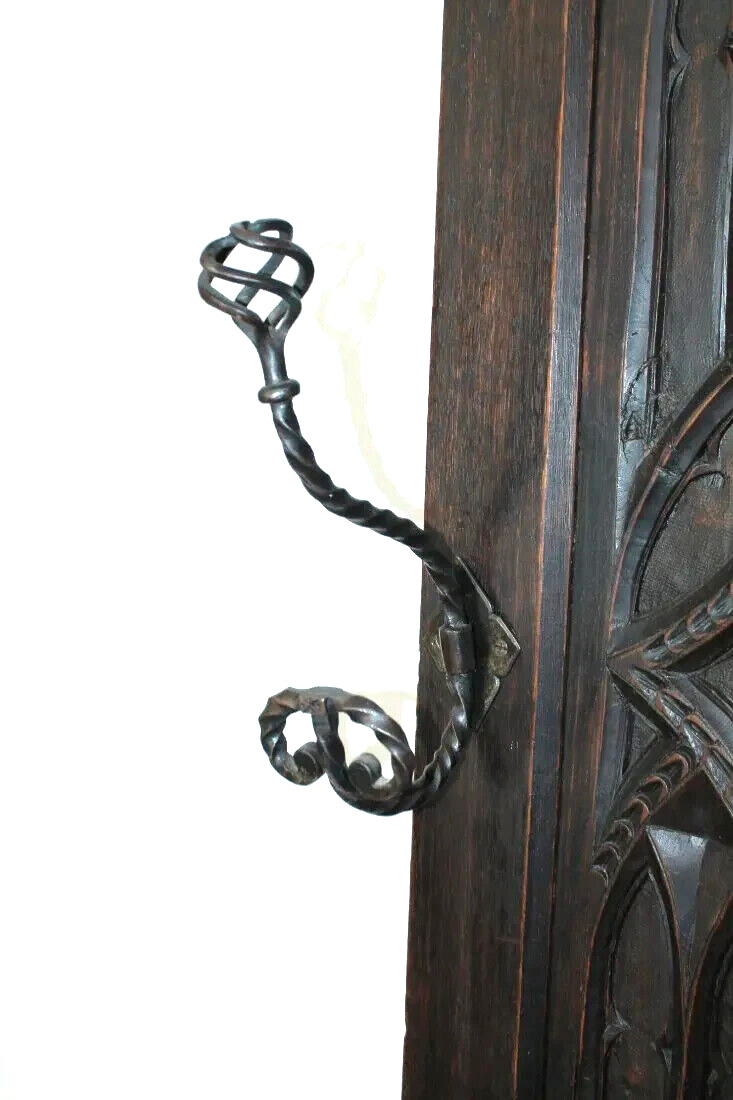 French Gothic Revival Oak Carved Hall Tree Mirror