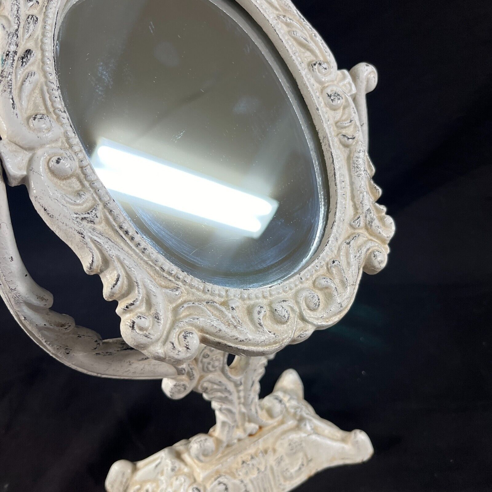 1800s cast iron tabletop mirror with swivel stand