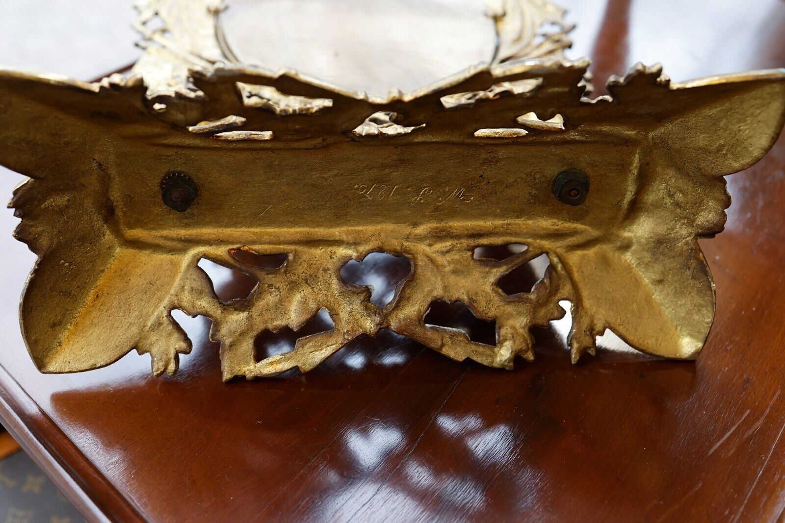 1800s Signed Ornate Tilted Vanity Mirror on Stand