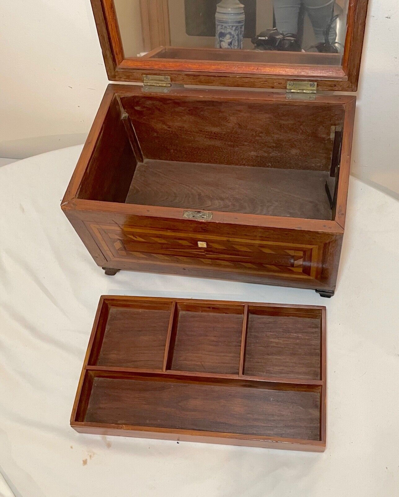 1800's antique marquetry wood jewelry box with mirror