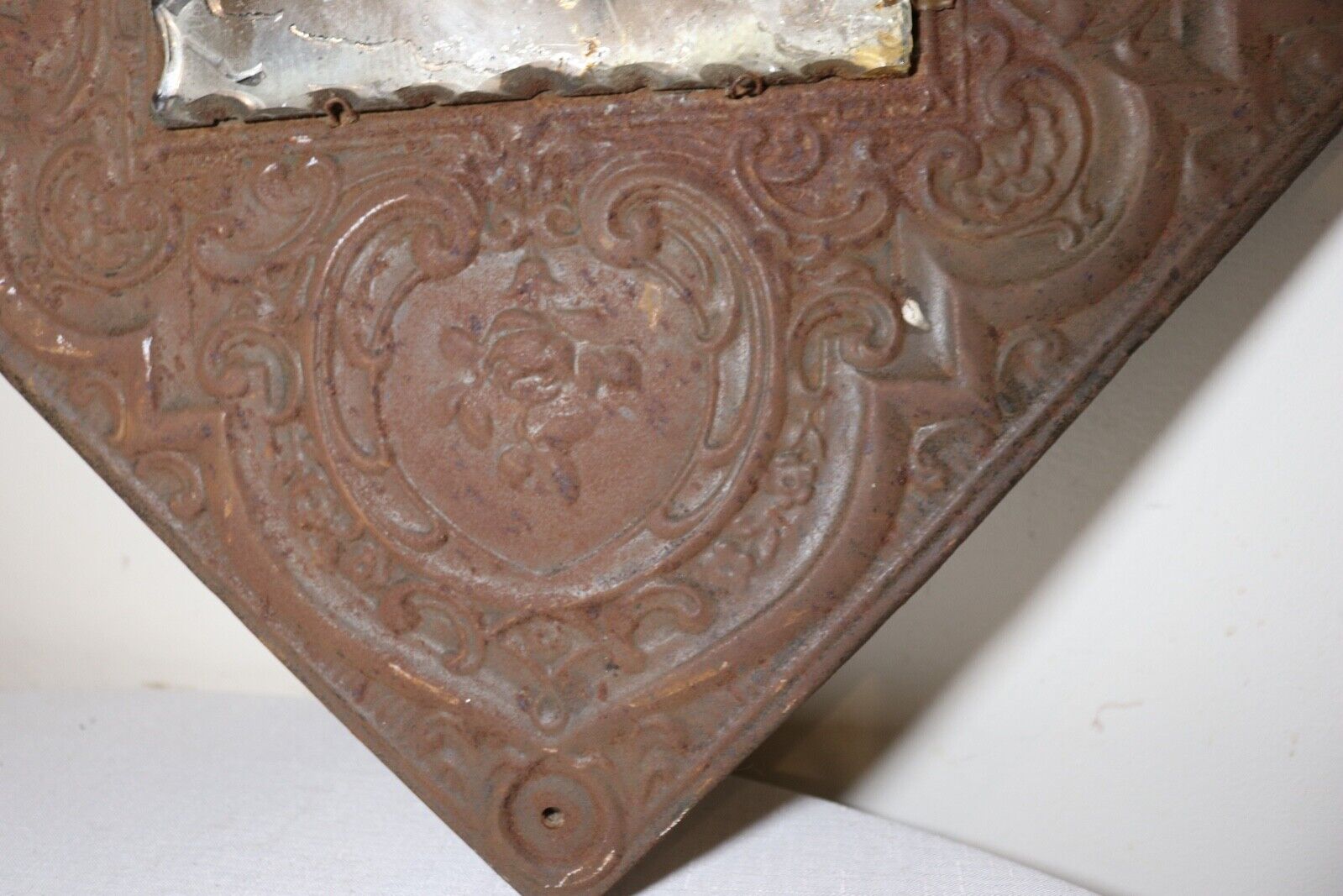 1800's ornate figural angels relief square metal wall mirror