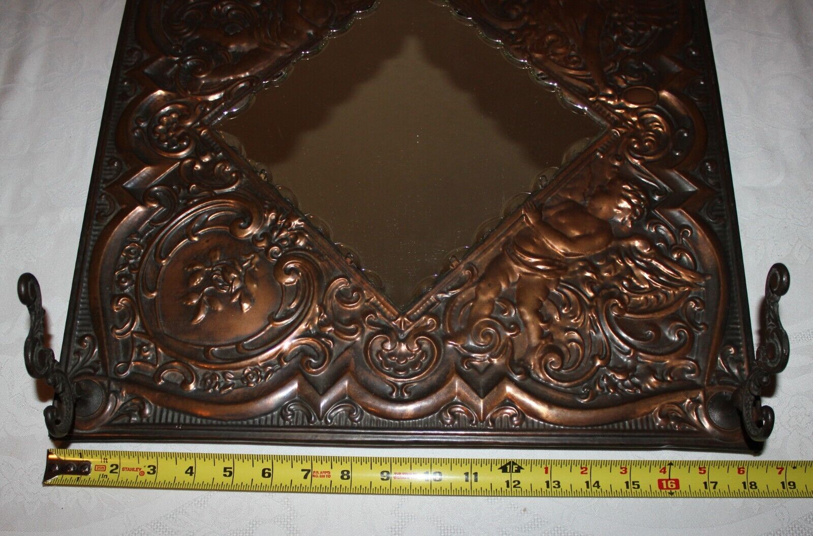 1800's Victorian Angels Cherub Relief Copper Metal Mirror