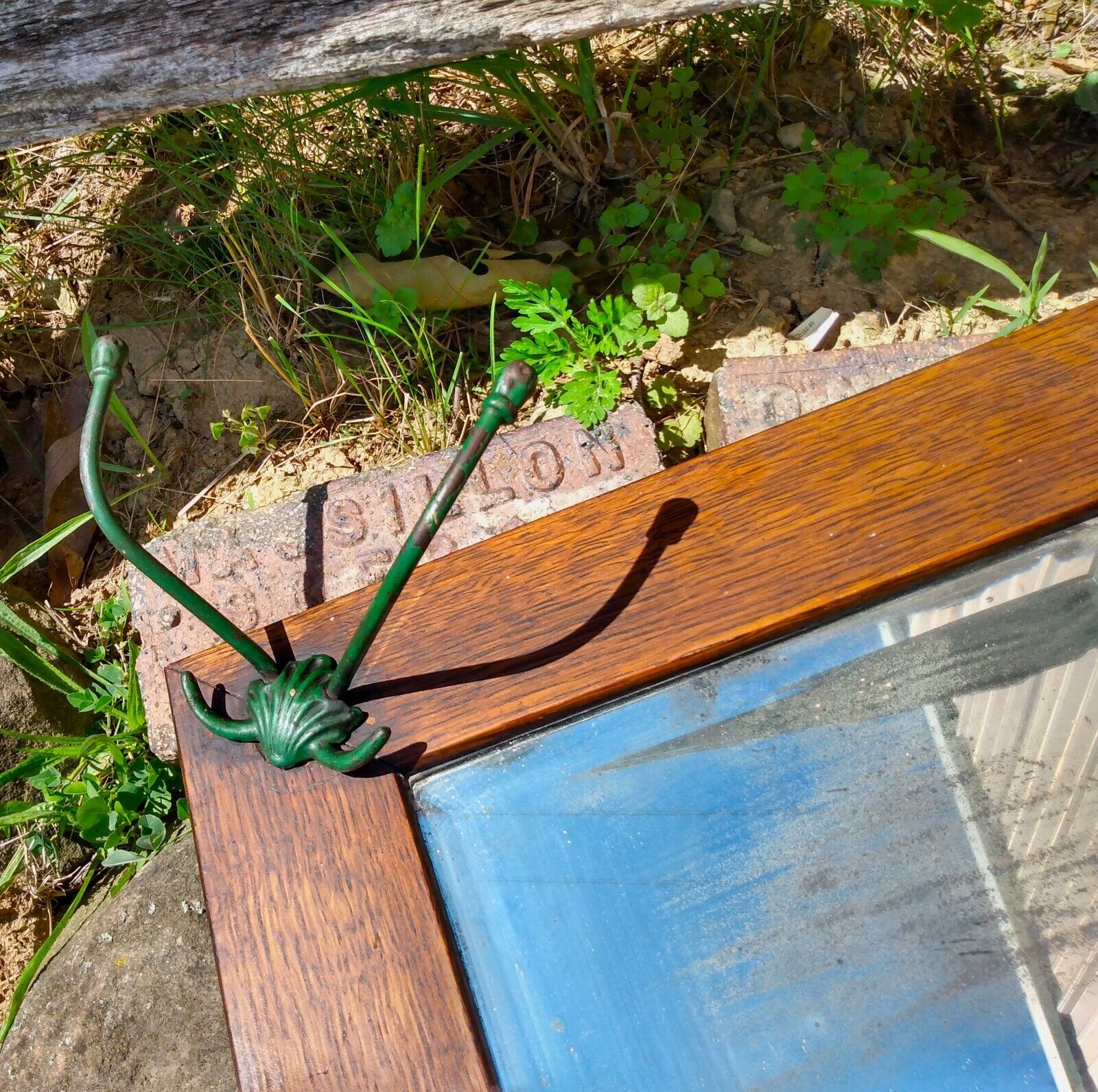 1900s Antique Oak Wall Mirror with Hat Rack