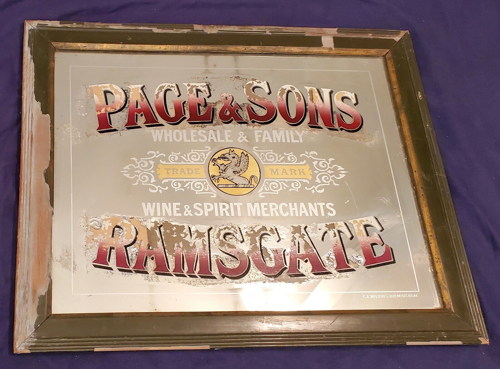 Antique 1800's Page & Sons Liquor Mirror Sign