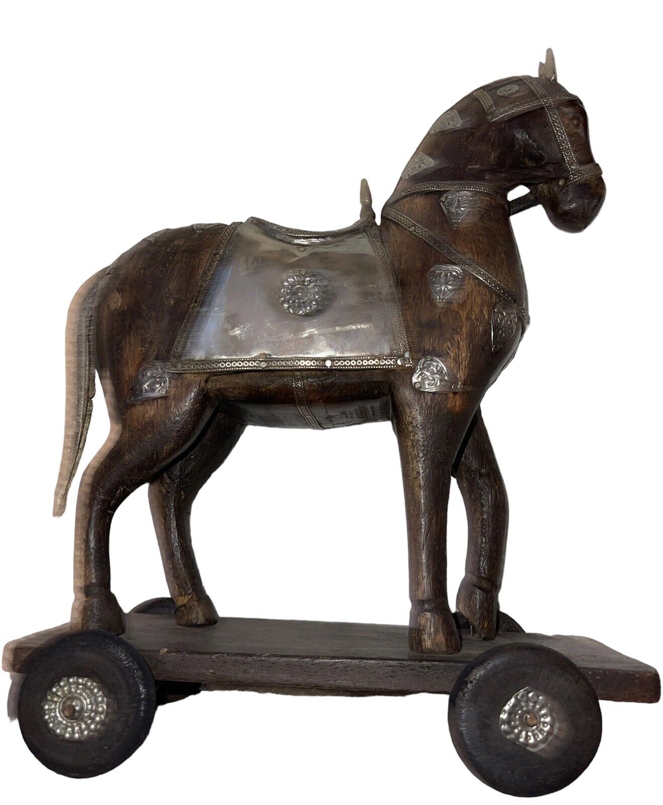 1900s Hand Carved Armored Horse with Silver and Brass