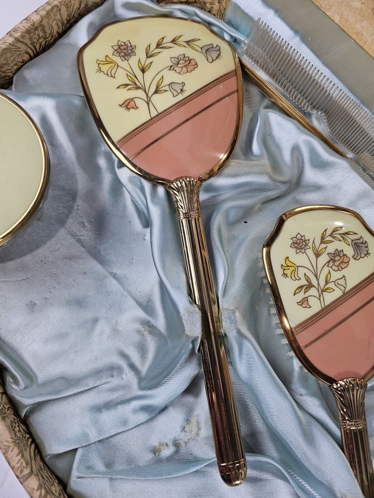 Floral Gold Tone Vanity Dresser Travel Set, 1900s