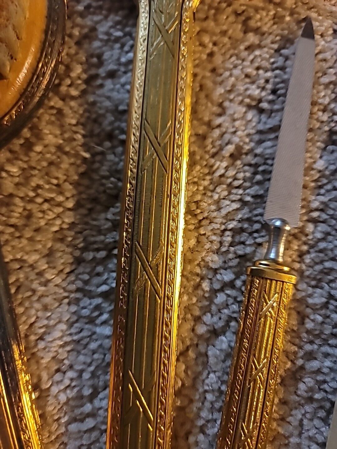 1900s Goldtone Brass Vanity Set: Mirror, Hairbrush, Nail File