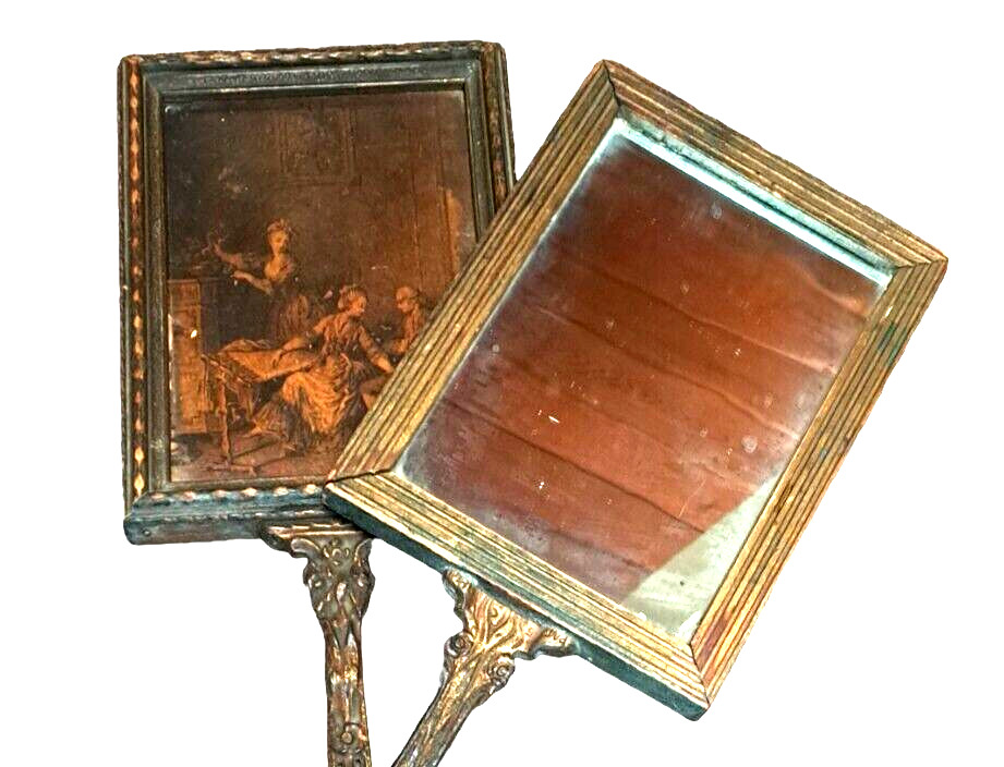 Victorian Vanity Hand Mirrors with Drawings - Pair