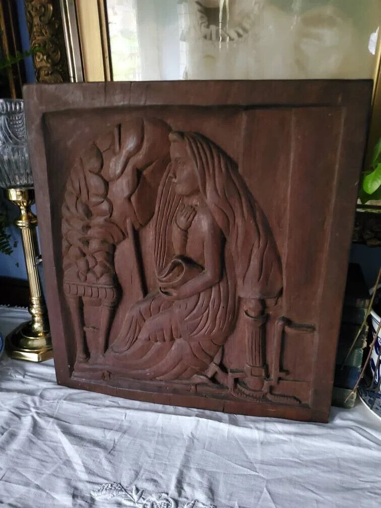Early 1900s Antique Wooden Panel Textile Worker Art