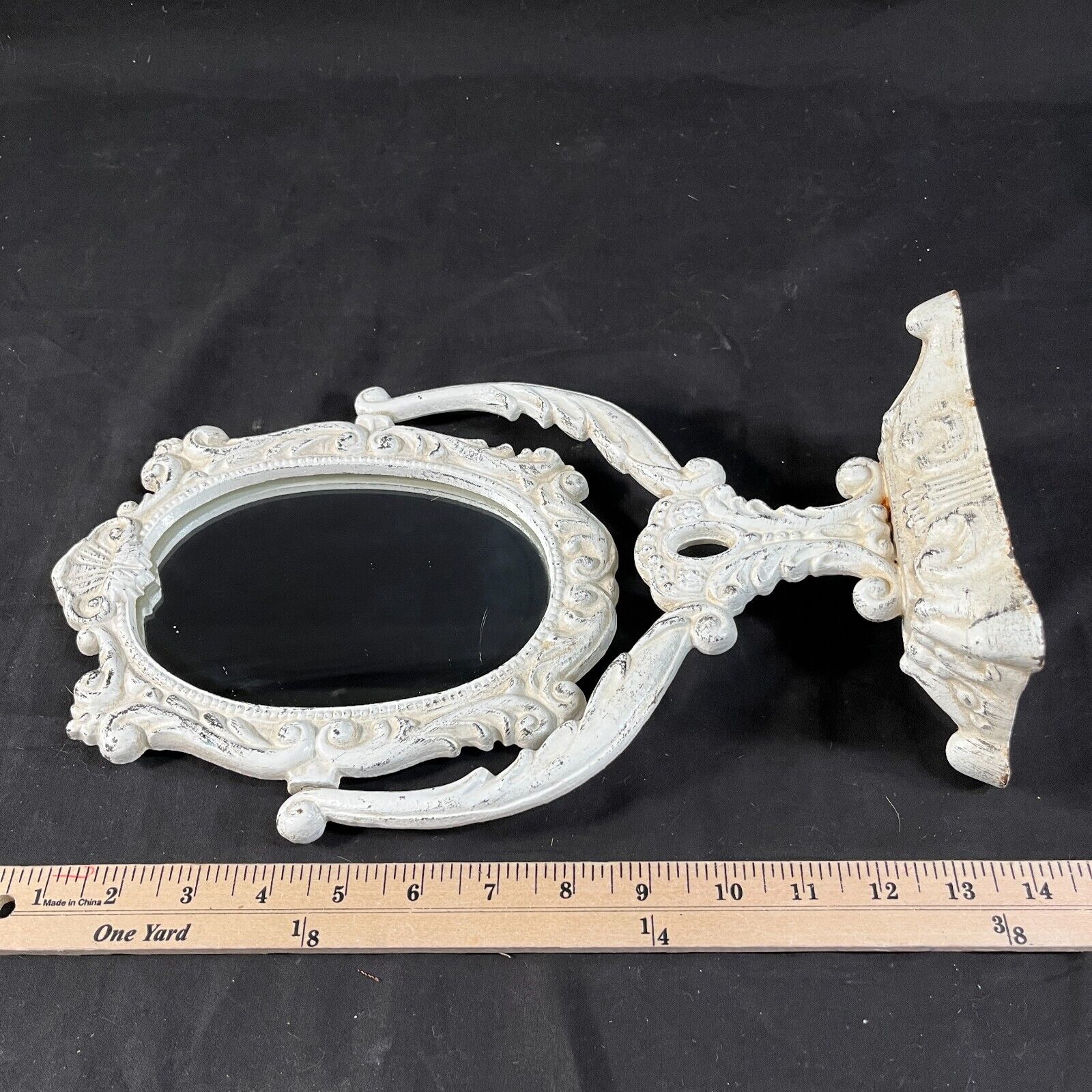 1800s cast iron tabletop mirror with swivel stand