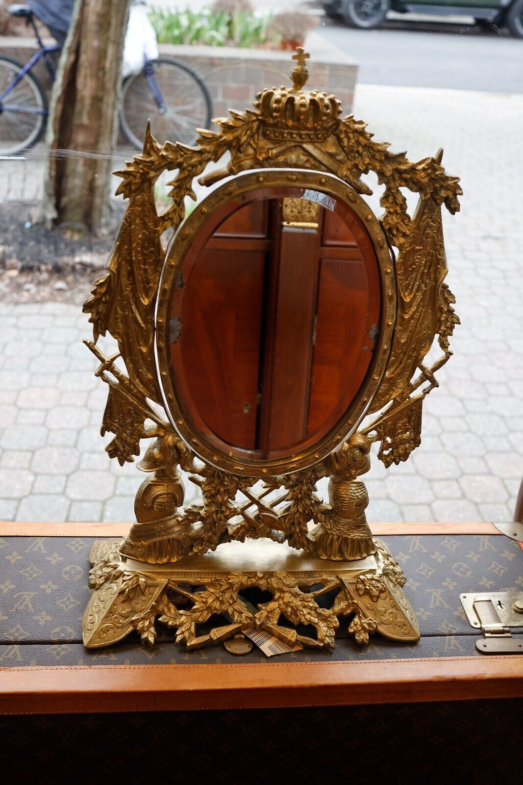 1800s Signed Ornate Tilted Vanity Mirror on Stand
