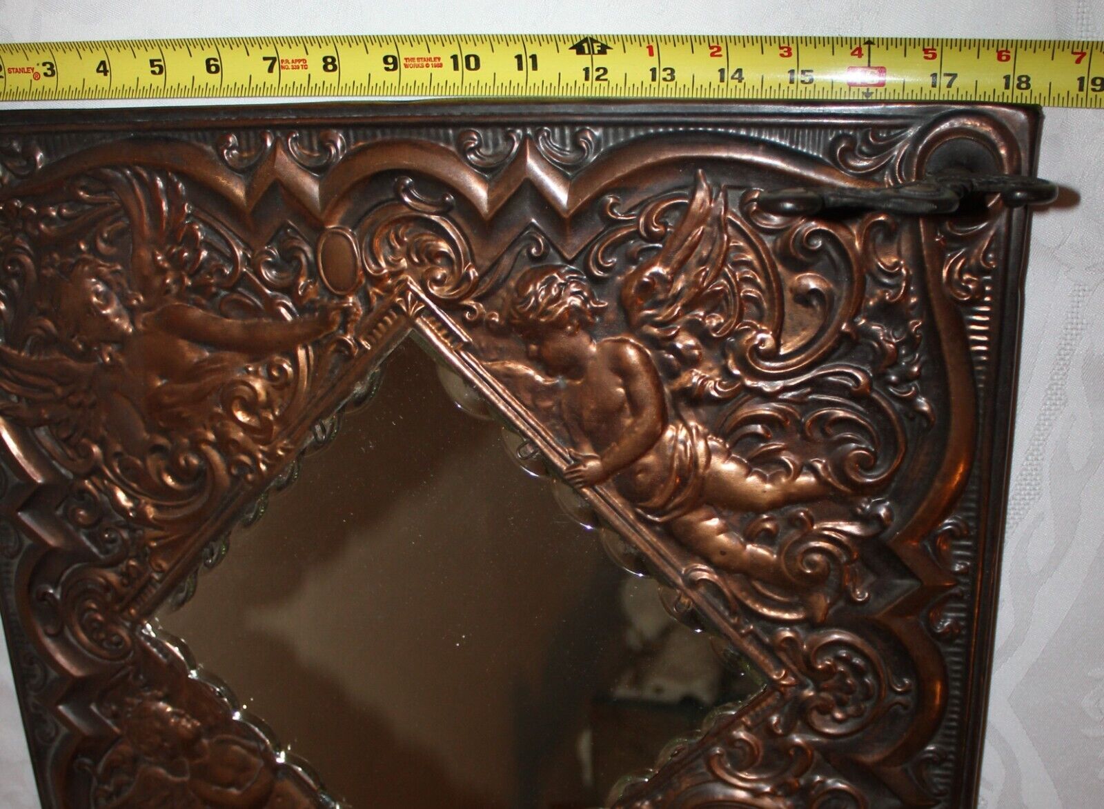 1800's Victorian Angels Cherub Relief Copper Metal Mirror