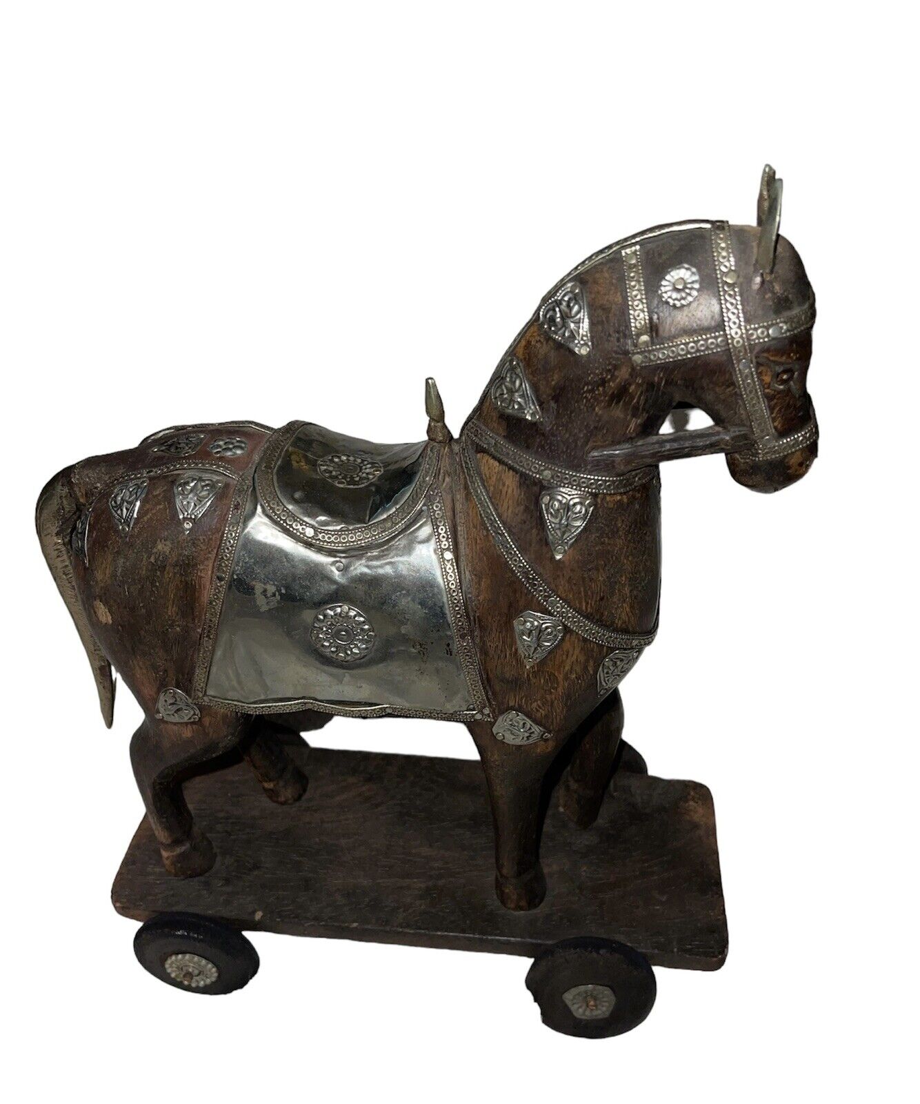 1900s Hand Carved Armored Horse with Silver and Brass
