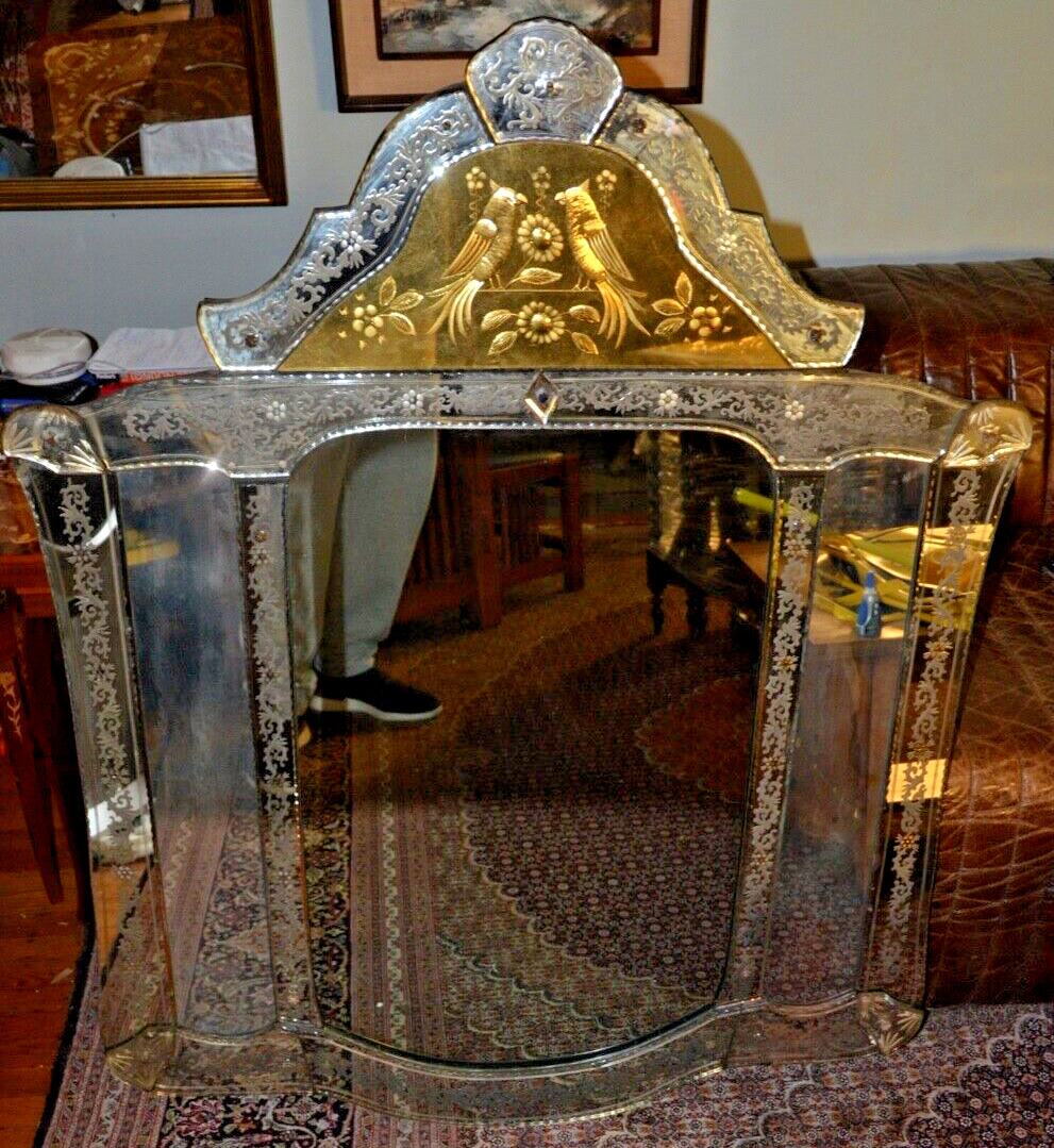 Large c1800s Venetian Etched Mirror with Gilded Highlights