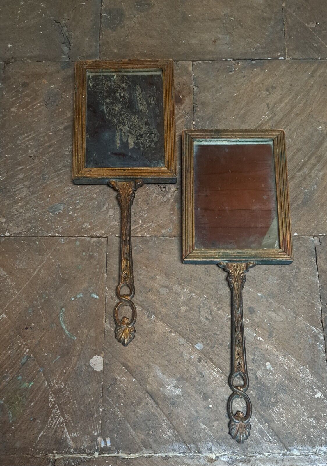 Victorian Vanity Hand Mirrors with Drawings - Pair