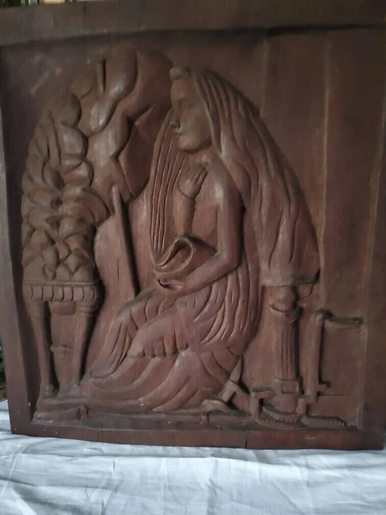 Early 1900s Antique Wooden Panel Textile Worker Art