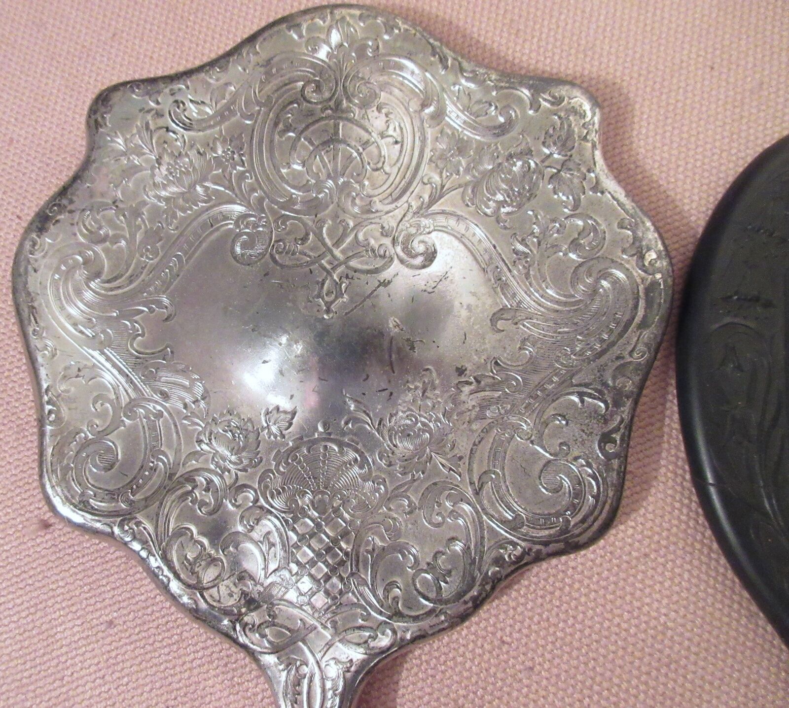 Antique 1800's Gutta Percha Silverplate Ornate Vanity Mirror