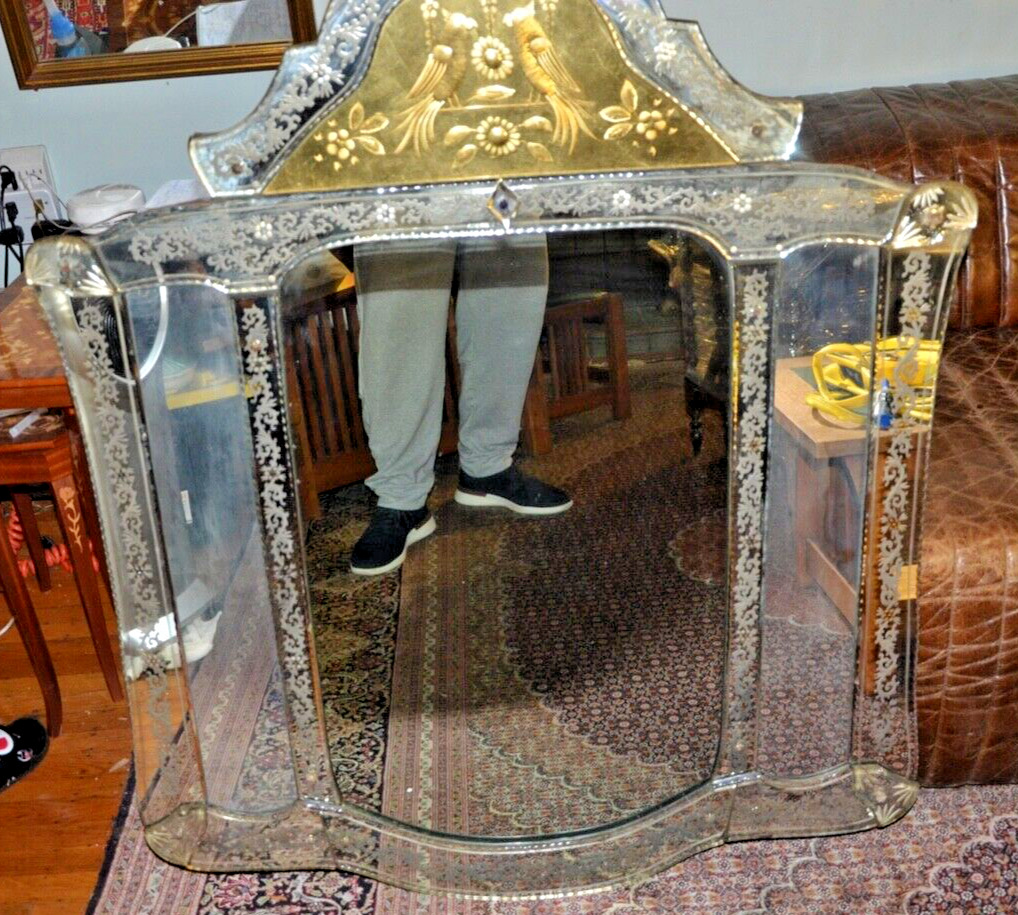 Large c1800s Venetian Etched Mirror with Gilded Highlights