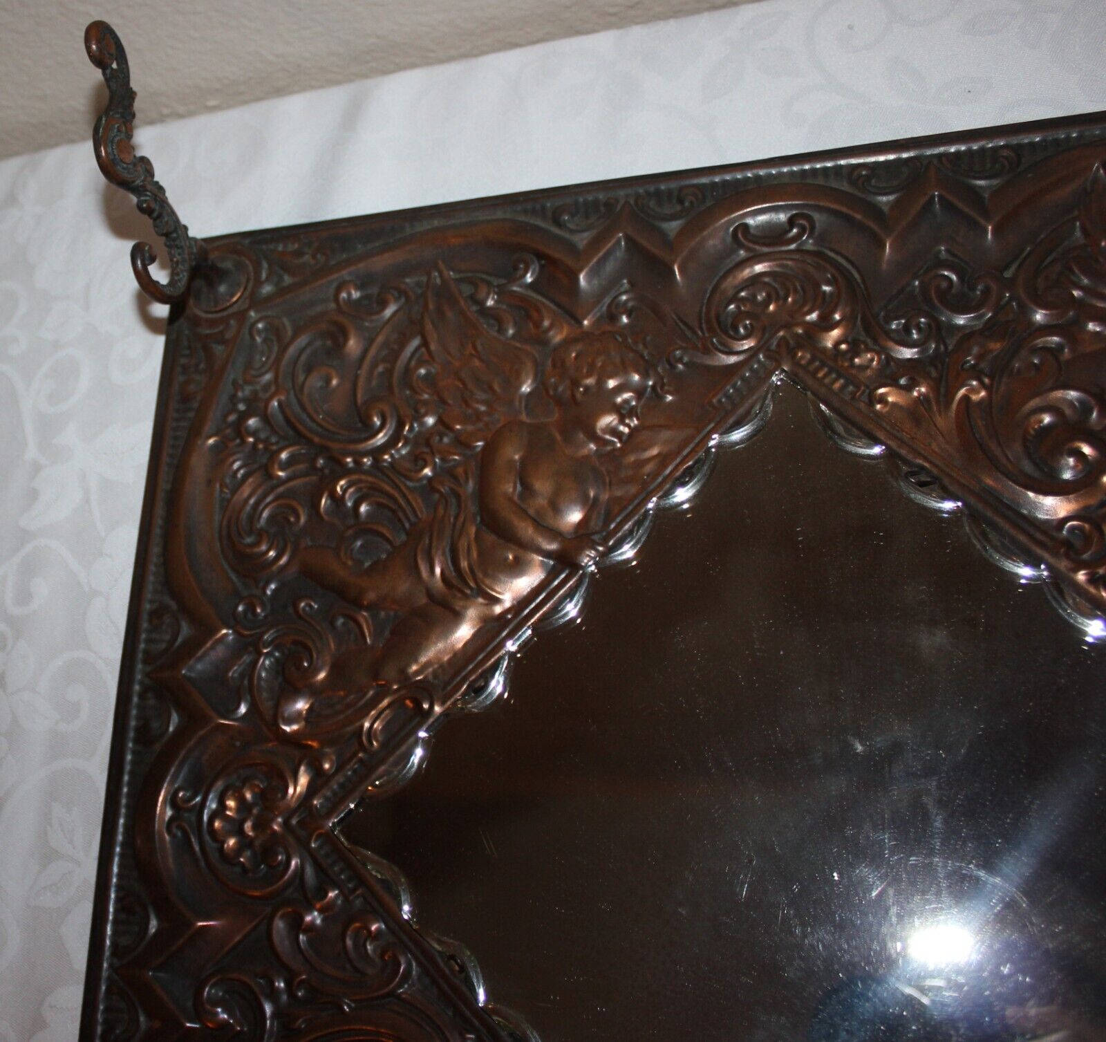 1800's Victorian Angels Cherub Relief Copper Metal Mirror