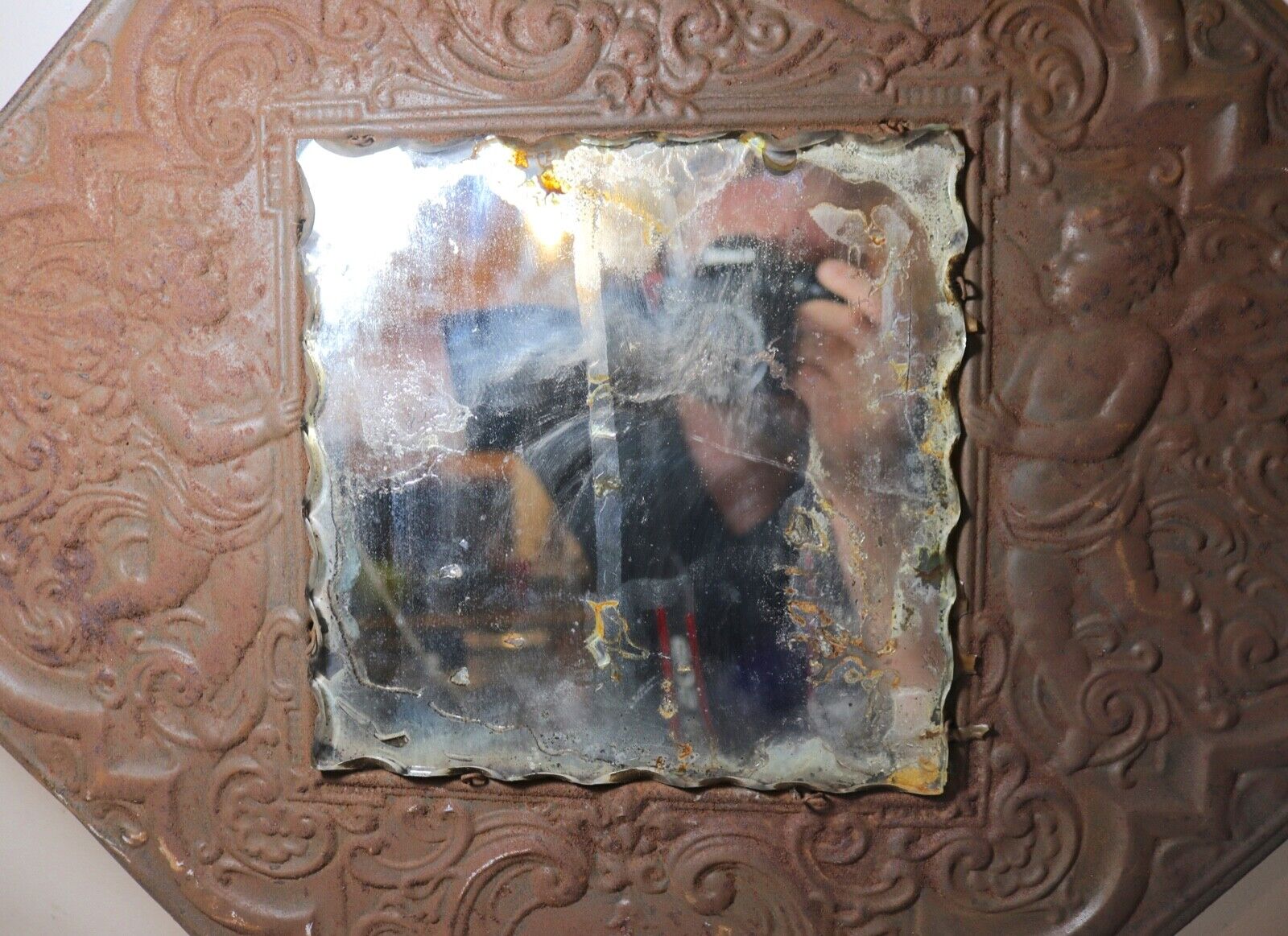 1800's ornate figural angels relief square metal wall mirror