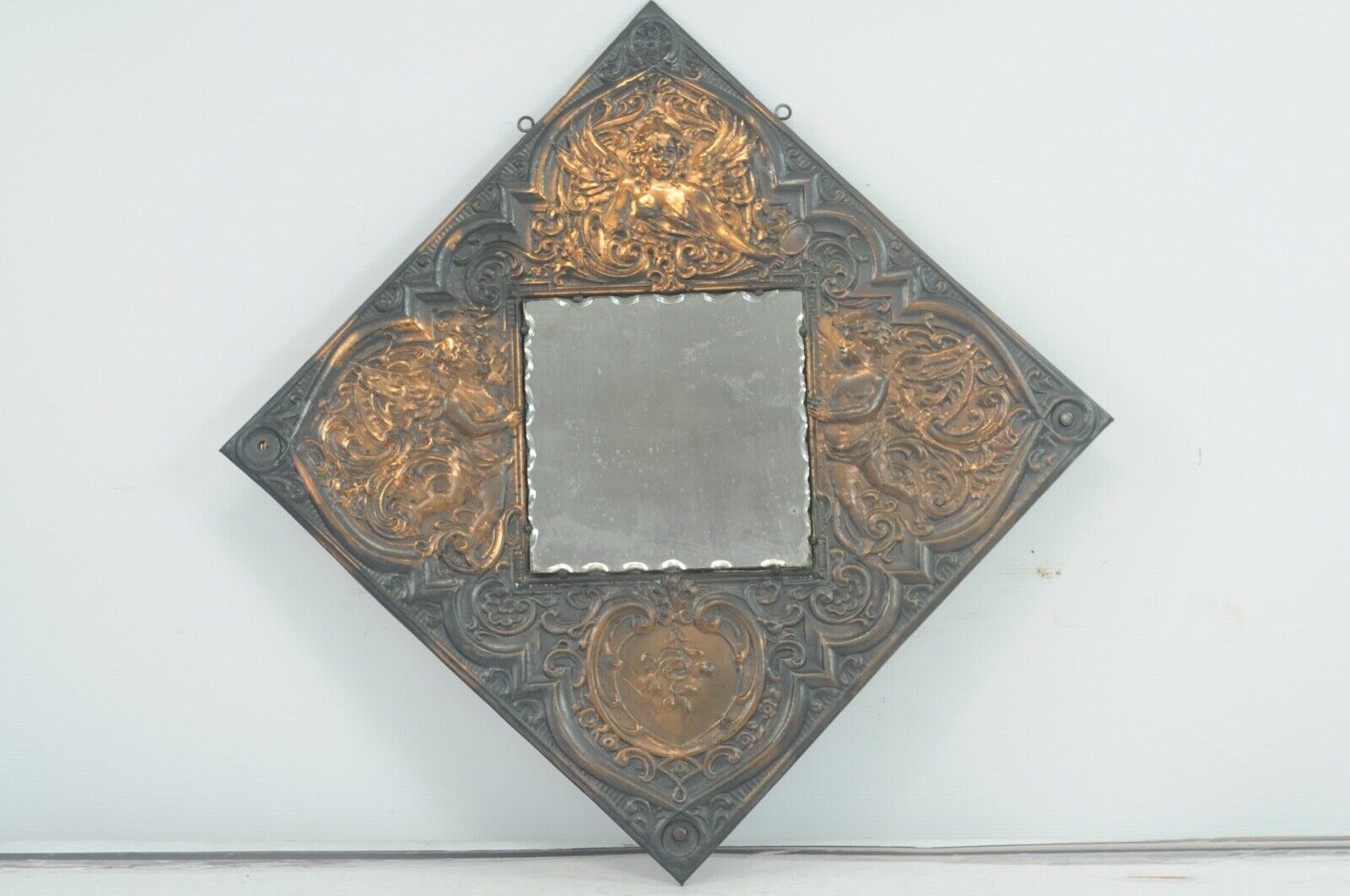 1800s Beveled Wall Mirror on Copper Plaque Cherubs
