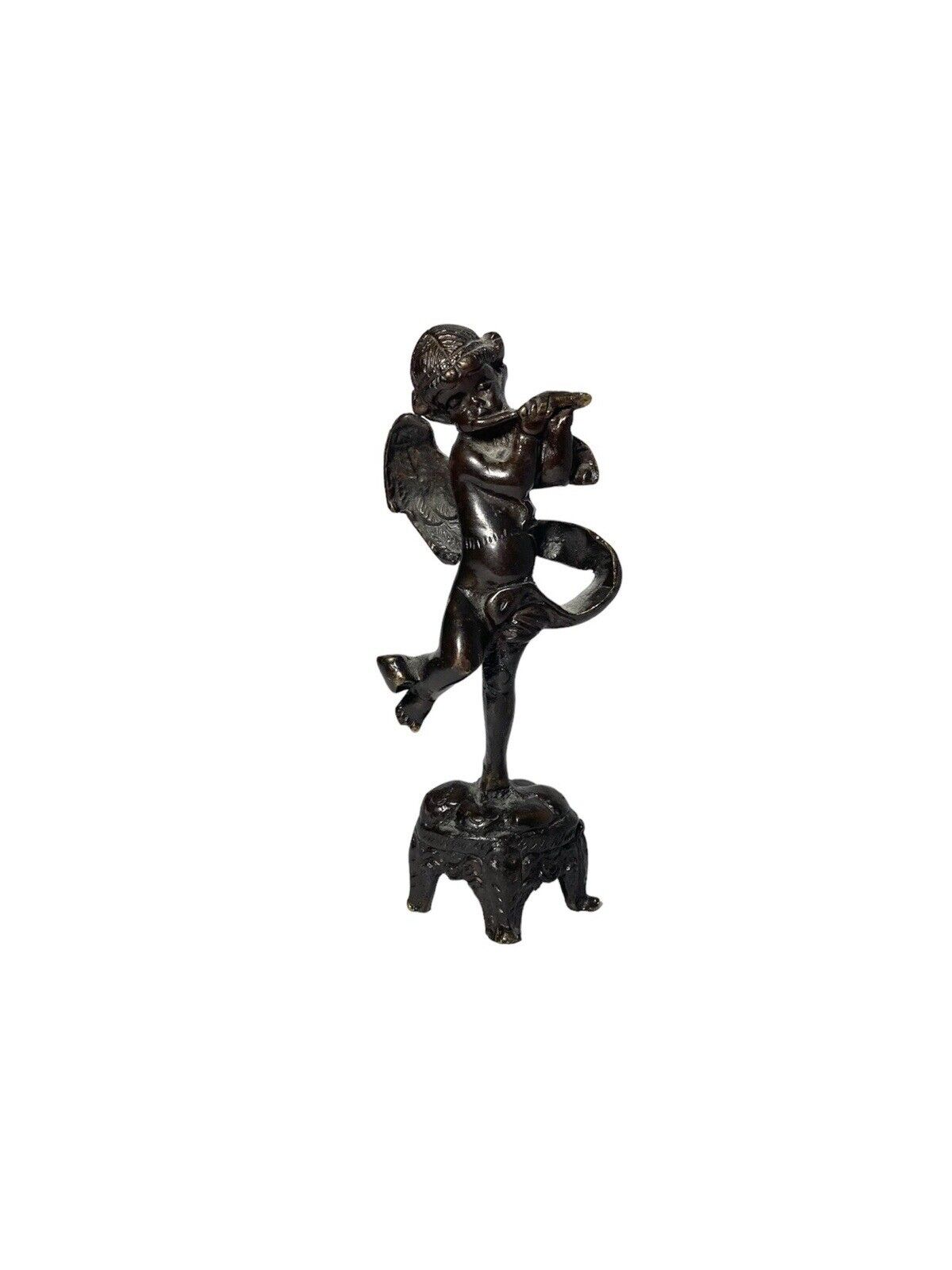 French Cherub Playing Flute Bronze Statuette 5.75