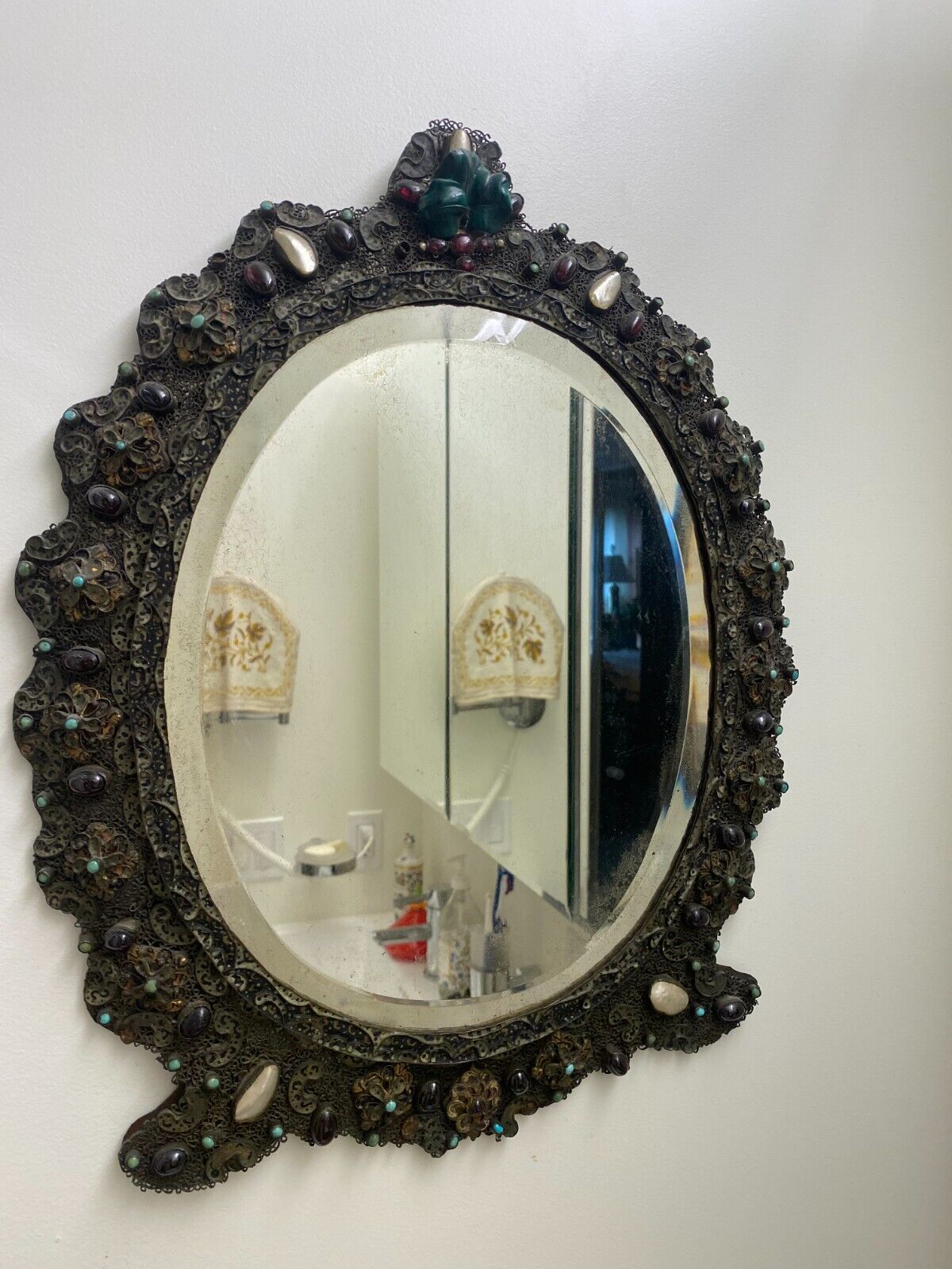 Vintage Tin Mirror with Jeweled Accents