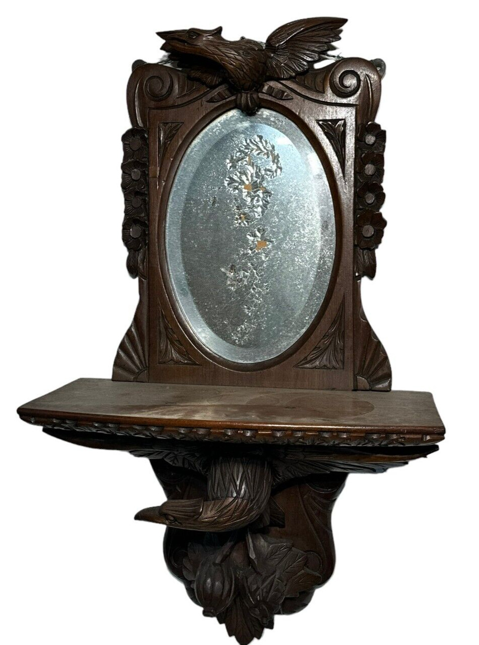 Black Forest Mirror with Full Eagles, Walnut Frame